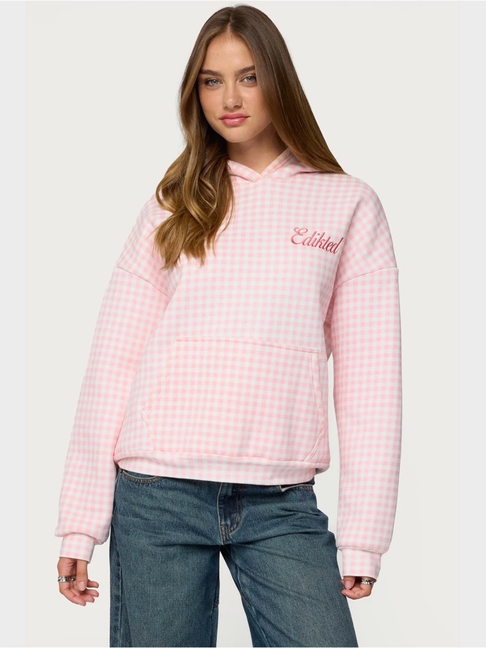 Edikted Light Pink Gingham Hoodie - M - NWT